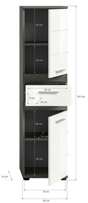 Hochschrank mit weißer Front und dunklem Korpus, zwei Türen und einer Schublade, perspektivisch von vorne rechts gezeigt.