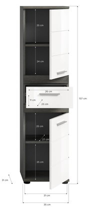 Hochschrank mit weißer Front und dunklem Korpus, zwei Türen und einer Schublade, perspektivisch von vorne rechts gezeigt.