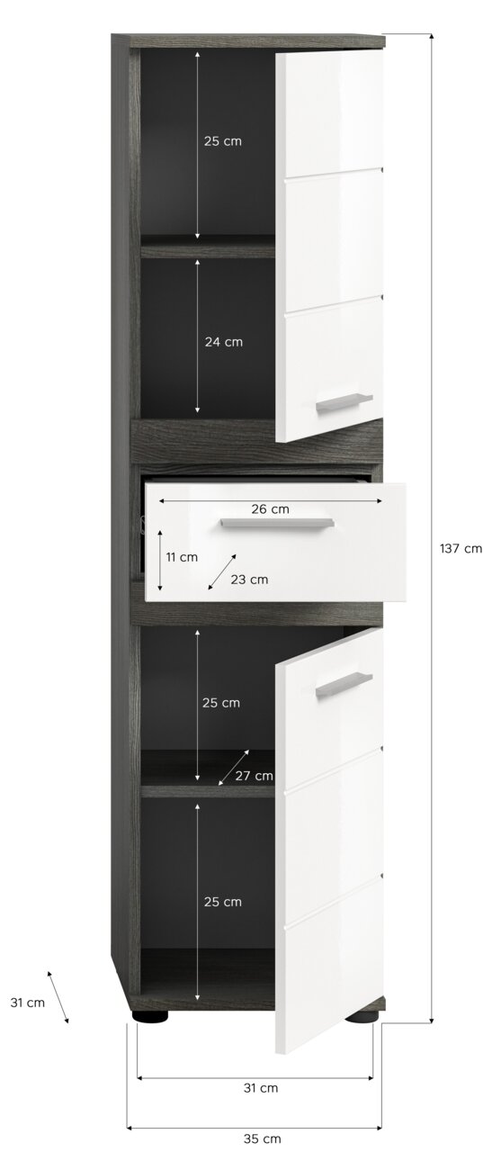 Hochschrank mit weißer Front und dunklem Korpus, zwei Türen und einer Schublade, perspektivisch von vorne rechts gezeigt.