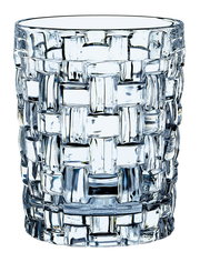 Nahaufnahme eines Kristallglases mit geflochtenem Muster, frontal betrachtet.