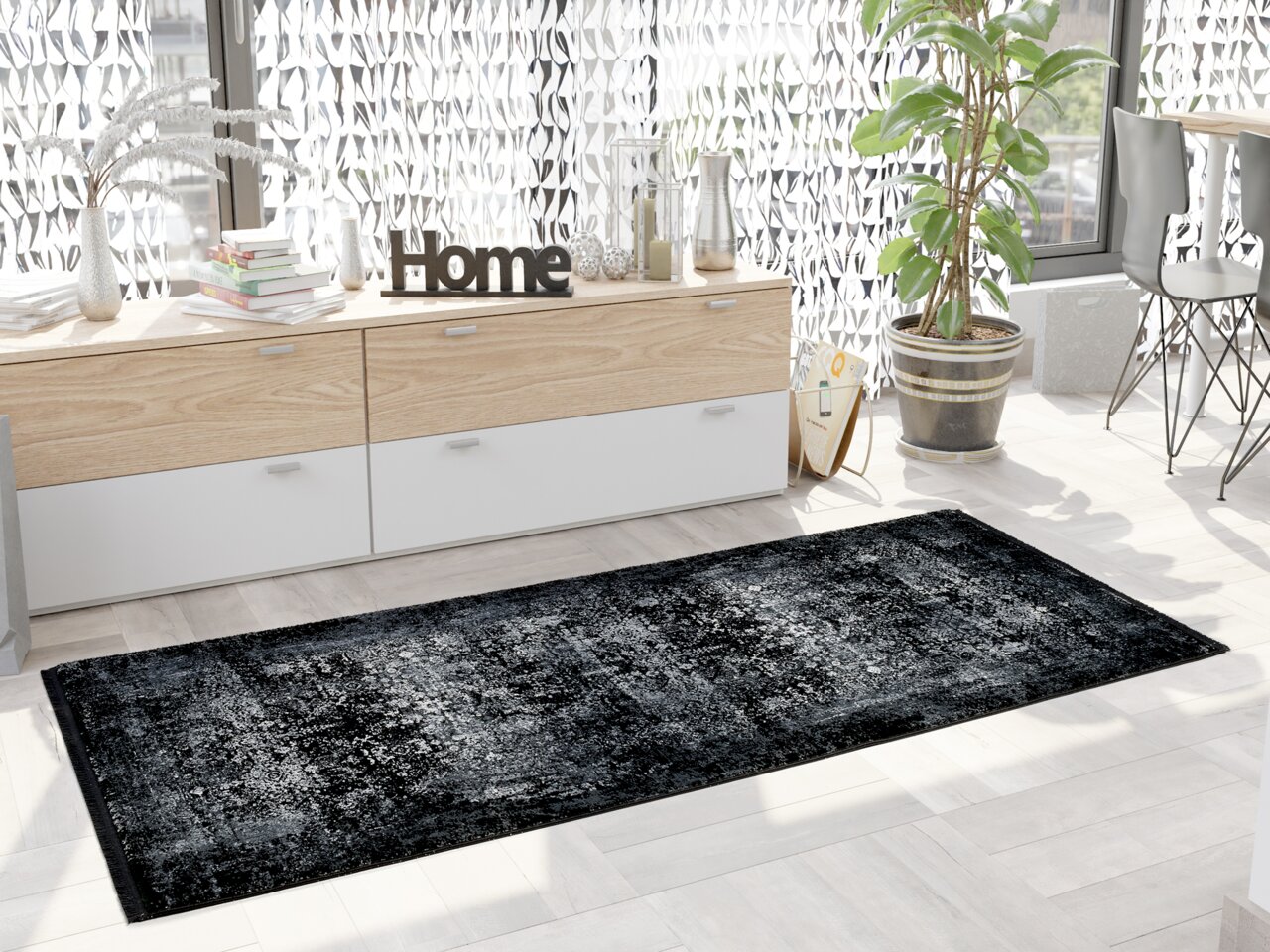 OCI Designer Teppich BESTSELLER Designer Teppich in modernem Wohnzimmer, aus der Vogelperspektive fotografiert, mit hellem Boden und stilvoller Dekoration.