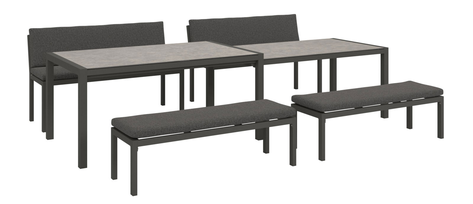 Lounge-Bank-Set mit zwei Tischen und vier Bänken in seitlicher Perspektive