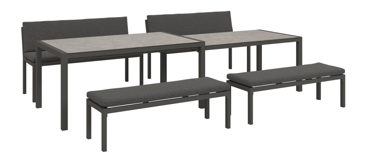 Lounge-Bank-Set mit zwei Tischen und vier Bänken in seitlicher Perspektive