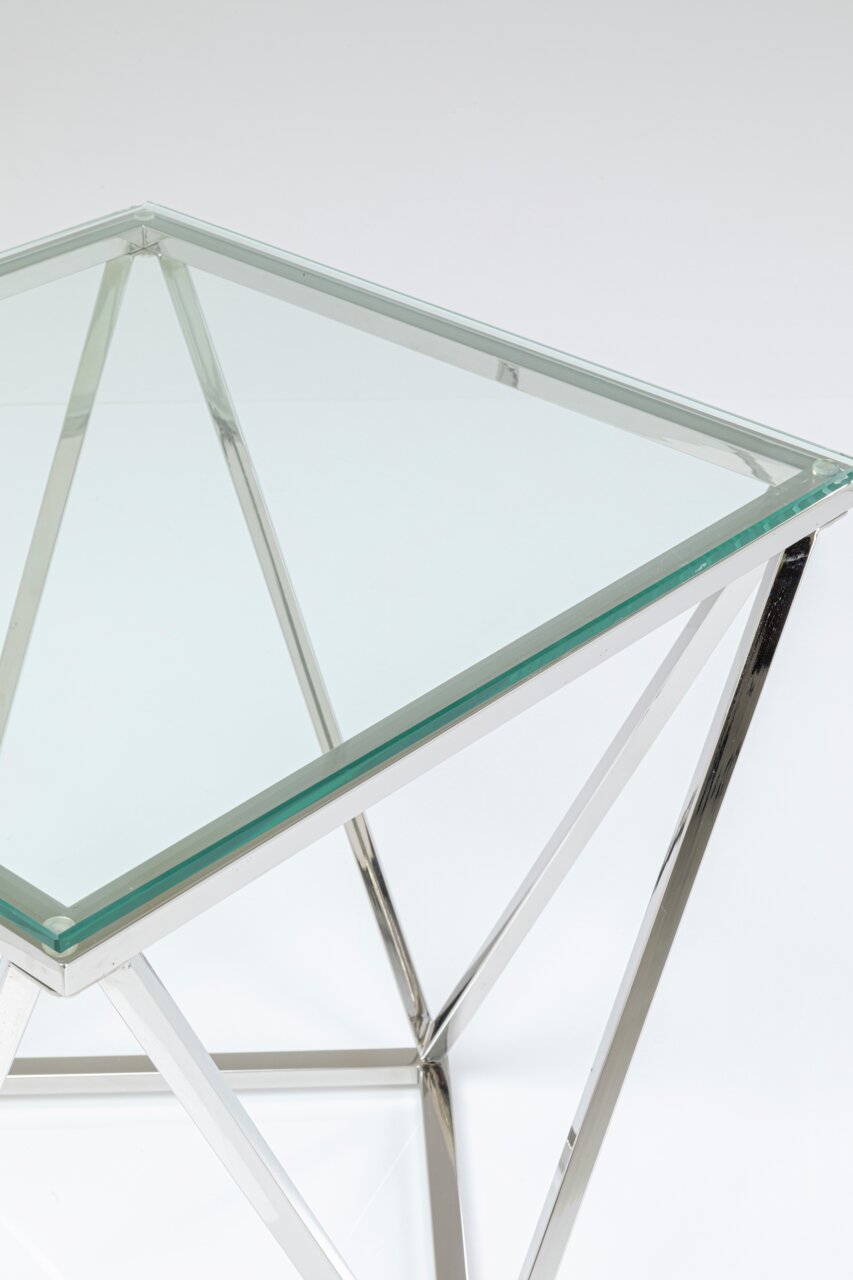 Moderner Beistelltisch mit Glasplatte und verchromtem Metallgestell, Perspektive von oben.
