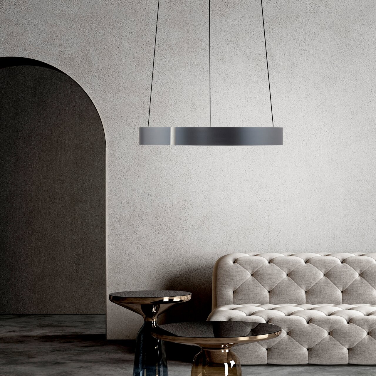 Moderne Pendelleuchte PURE E-Clipse in einem eleganten Wohnzimmer, seitliche Perspektive.