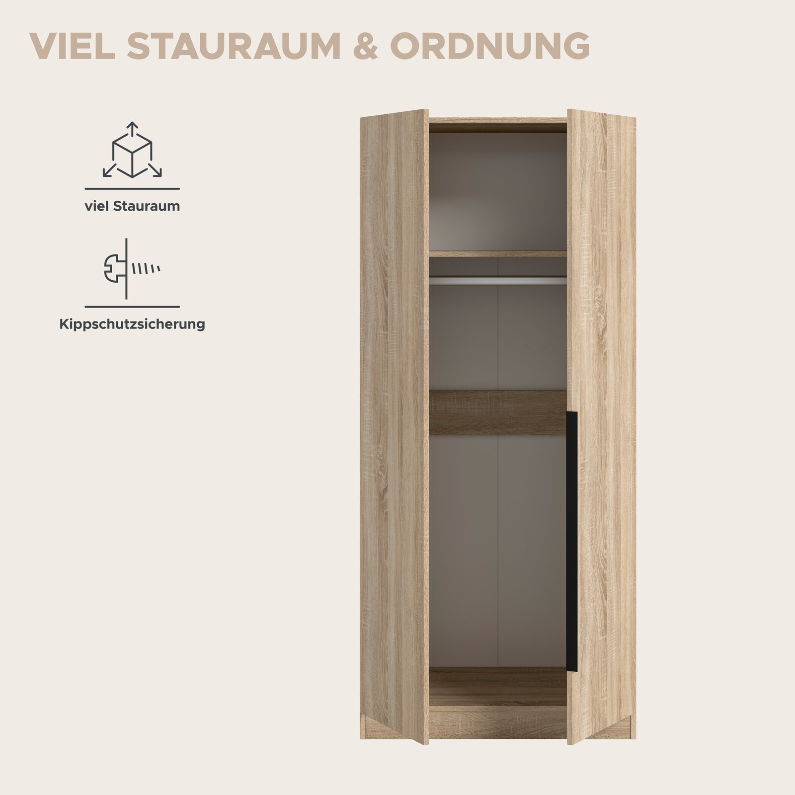 Offener Kleiderschrank in heller Holzoptik mit viel Stauraum, Einlegeboden und Kleiderstange, Frontansicht leicht schräg von vorn