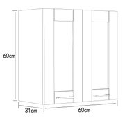 Technische Strichzeichnung eines rechteckigen Hängeschranks/Bad-Spiegelschranks mit zwei Türen und Griffen, Maße 60 cm Breite, 60 cm Höhe und 31 cm Tiefe, dargestellt in leichter Front-/Seitenansicht (3/4-Perspektive)