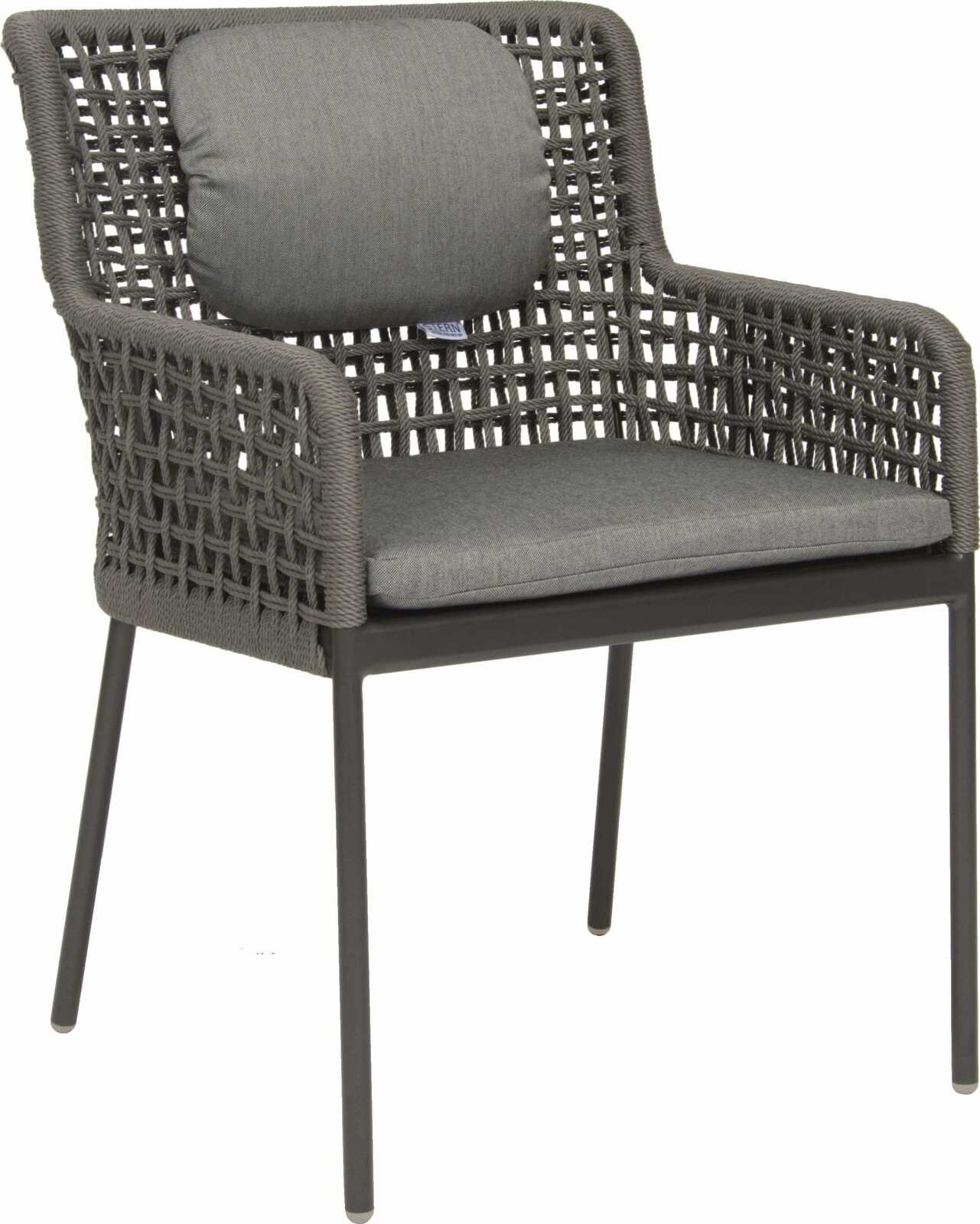 Stern Diningsessel GRETA Moderner Diningsessel mit grauem Geflecht und Kissen, seitliche Perspektive