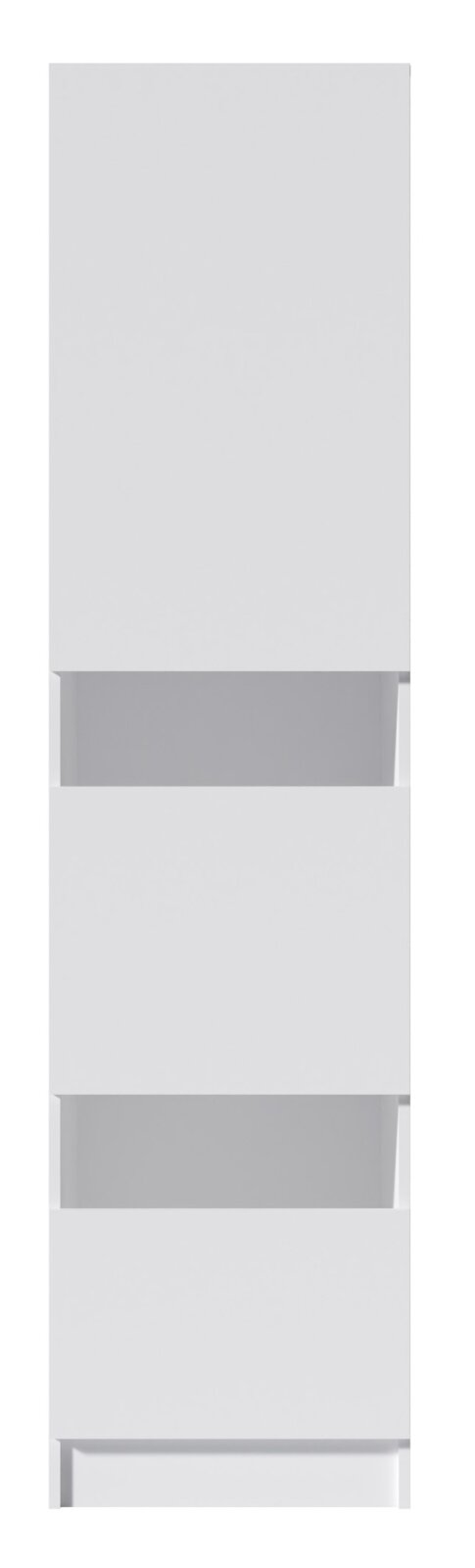 Schmaler, weißer Hochschrank/Badschrank mit zwei offenen Ablagefächern und glatten Fronten, Produktansicht von vorne (Frontalperspektive)