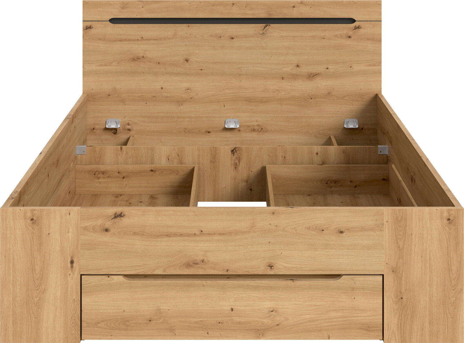 Holzbettgestell in Eichenoptik mit hohem Kopfteil, integriertem Stauraum und großer Schublade, Ansicht von vorne leicht von oben in geöffnetem Zustand