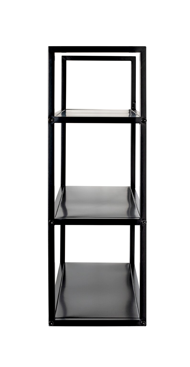 Schwarzes, schmales Metallregal mit drei Ablageflächen im minimalistischen Industrial-Design, freistehend vor weißem Hintergrund, Frontansicht.