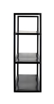 Schwarzes, schmales Metallregal mit drei Ablageflächen im minimalistischen Industrial-Design, freistehend vor weißem Hintergrund, Frontansicht.