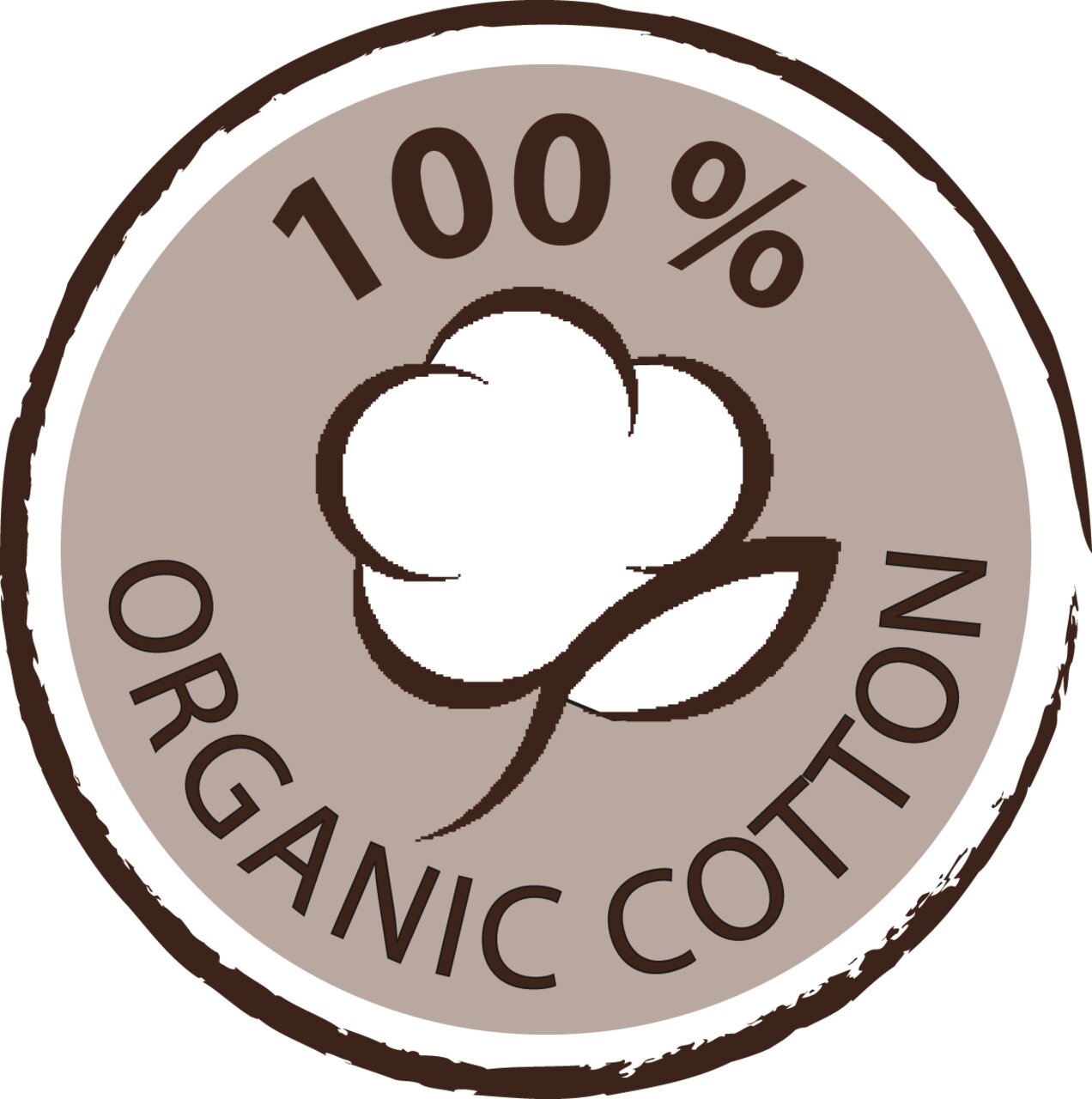 Siegel für 100% Bio-Baumwolle, zeigt eine stilisierte Baumwollpflanze aus der Vogelperspektive.