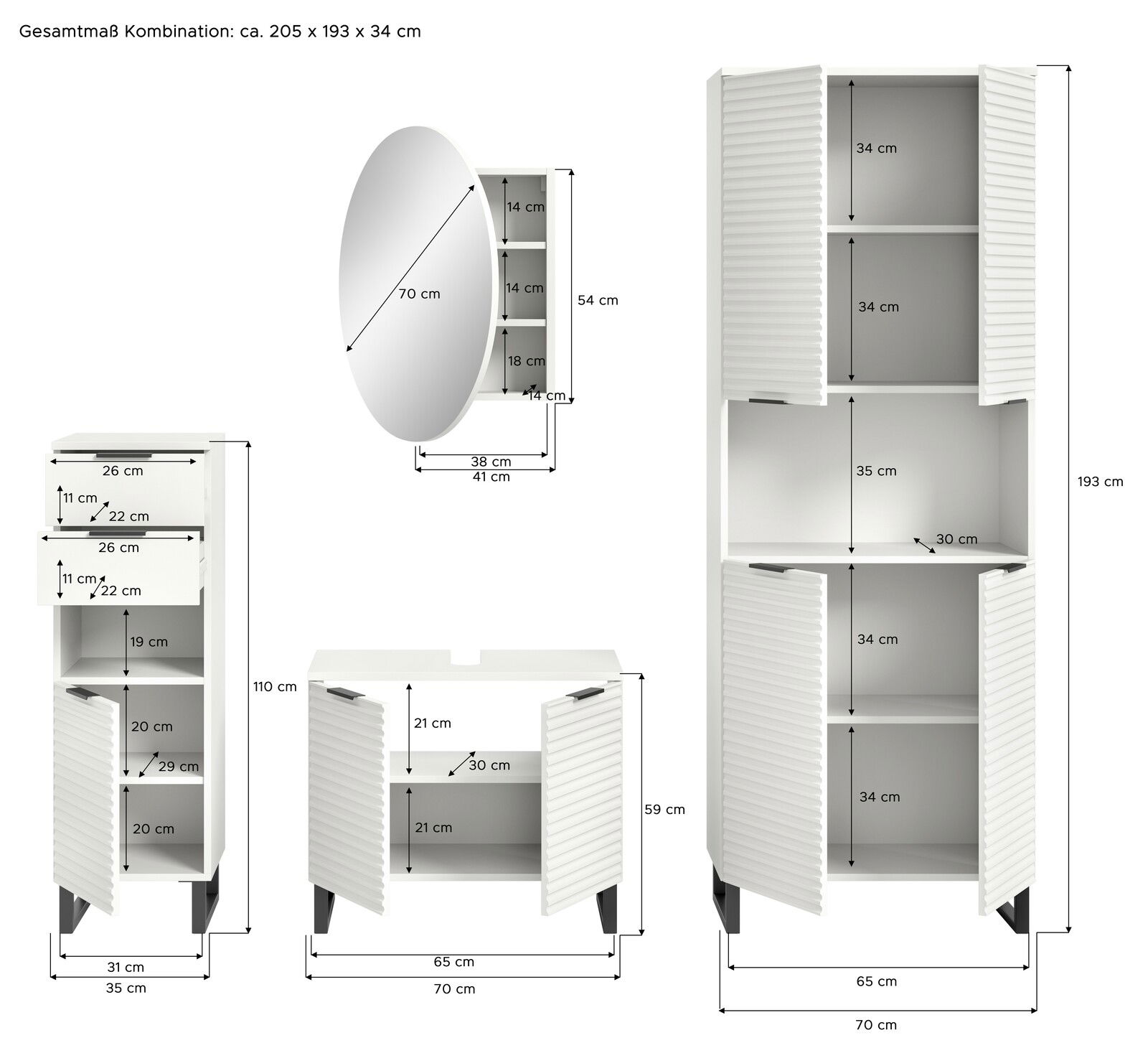 Badkombination mit Schränken und Spiegel, Frontansicht