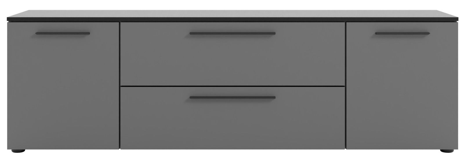 Graues TV-Lowboard mit zwei Türen und einer Schublade, frontale Ansicht.