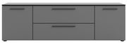 Graues TV-Lowboard mit zwei Türen und einer Schublade, frontale Ansicht.