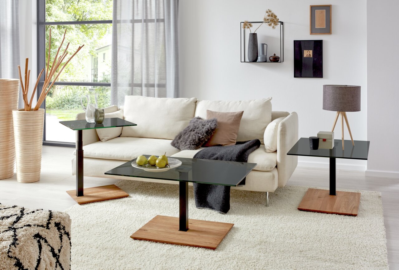 Moderner Couchtisch mit Glasplatte und Holzfuß, in einem stilvoll eingerichteten Wohnzimmer, seitliche Perspektive.