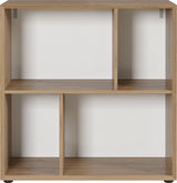 Frontale Ansicht eines modernen Regals mit vier offenen Fächern in Holzoptik.