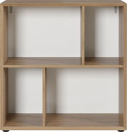 Frontale Ansicht eines modernen Regals mit vier offenen Fächern in Holzoptik.