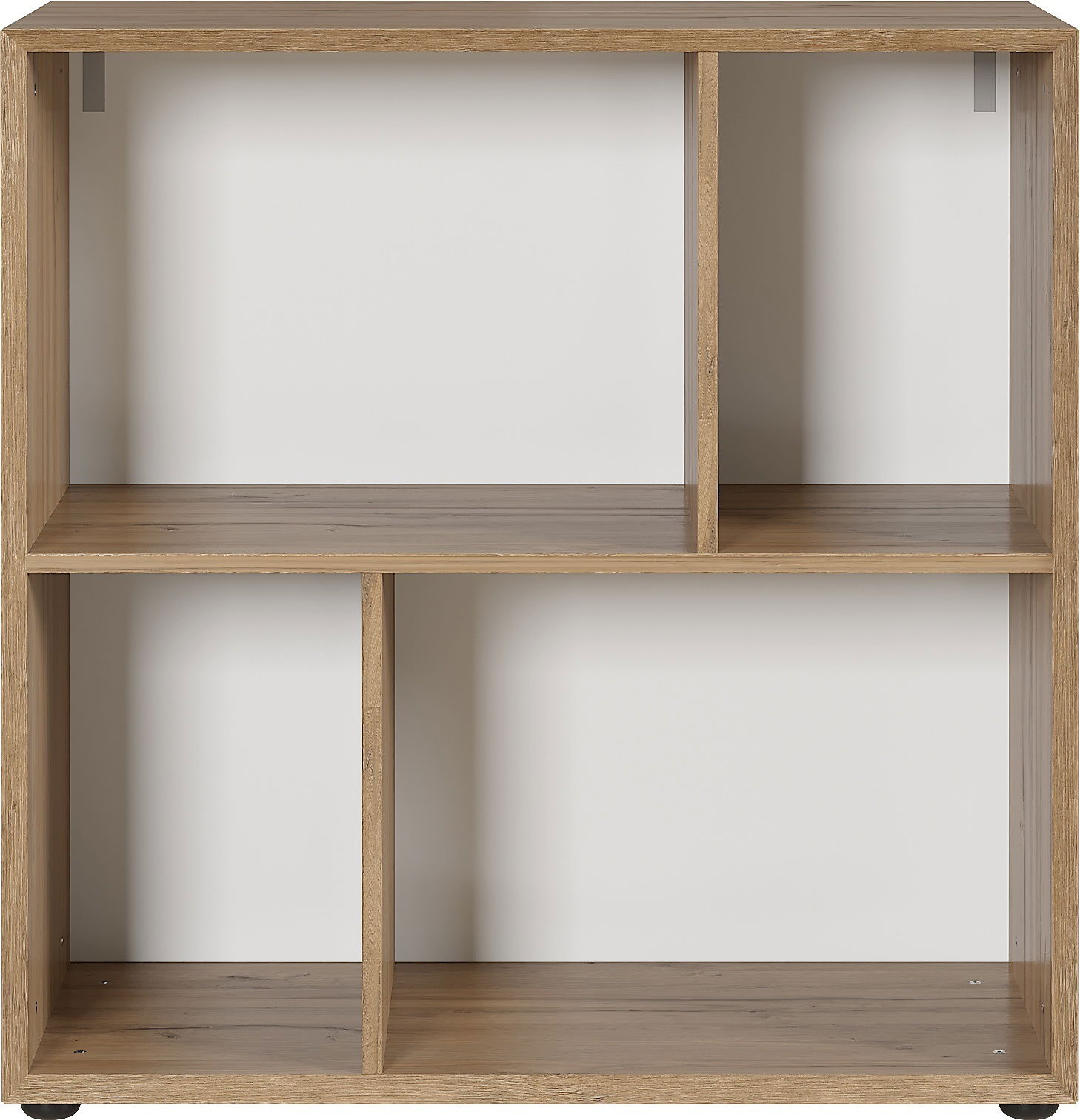 Frontale Ansicht eines modernen Regals mit vier offenen Fächern in Holzoptik.