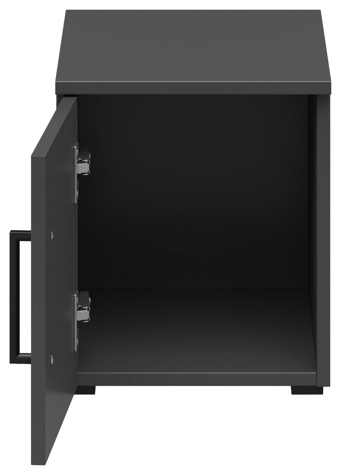 Schwarzer Aufsatzschrank mit geöffneter Tür, Frontansicht