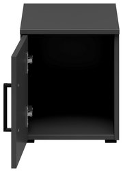 Schwarzer Aufsatzschrank mit geöffneter Tür, Frontansicht