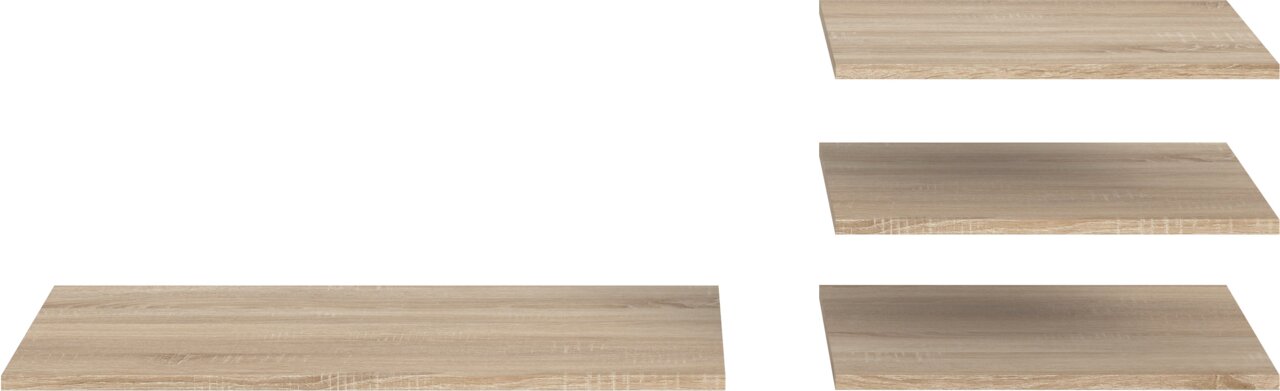 Mehrere Ansichten einer rechteckigen Holzplatte in heller Eichenoptik mit sichtbarer Maserung, freigestellt auf weißem Hintergrund, in schräger Perspektive von oben
