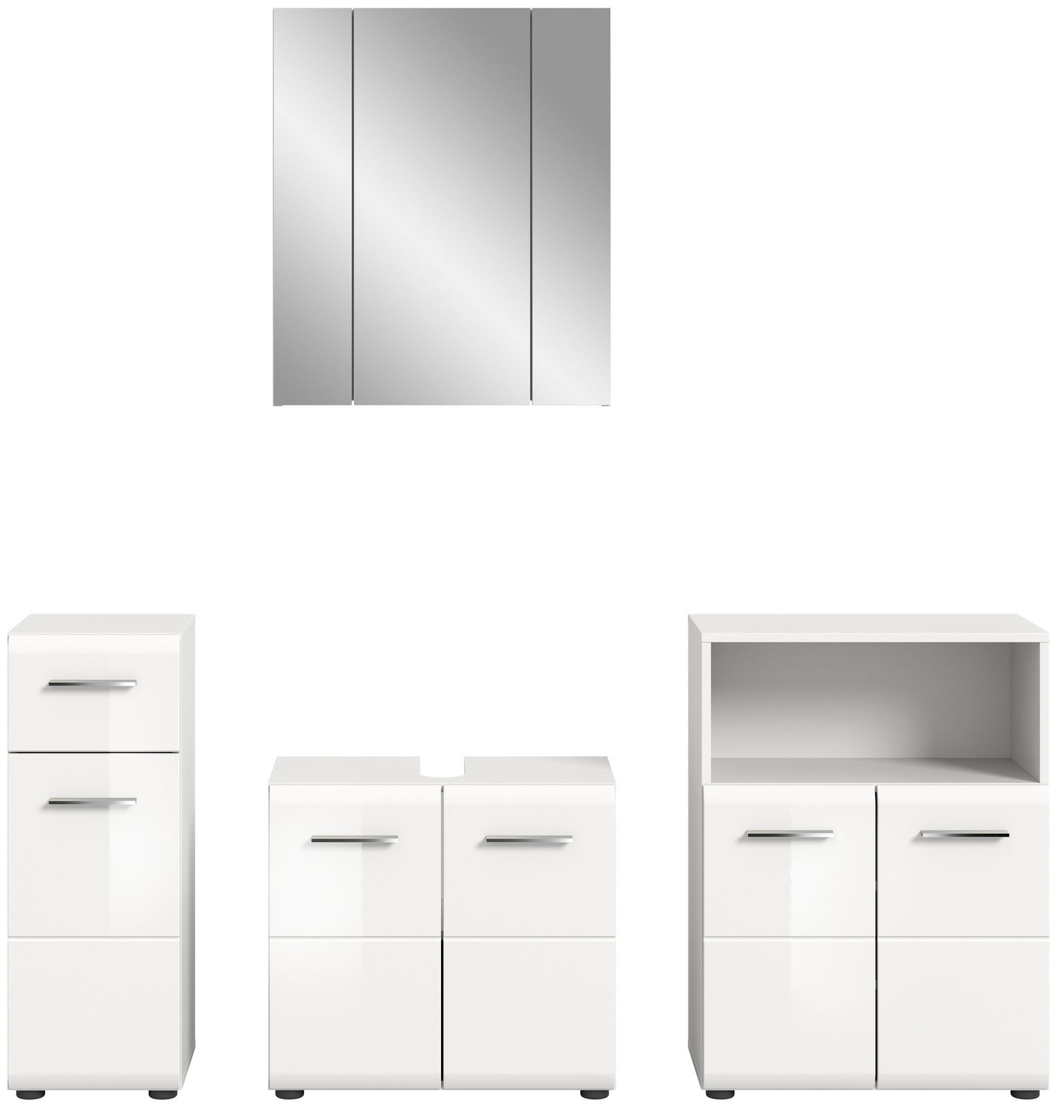Frontale Ansicht einer weißen Badkombination mit Spiegelschrank und drei Unterschränken.