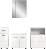Frontale Ansicht einer weißen Badkombination mit Spiegelschrank und drei Unterschränken.