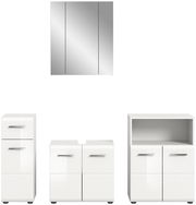 Frontale Ansicht einer weißen Badkombination mit Spiegelschrank und drei Unterschränken.