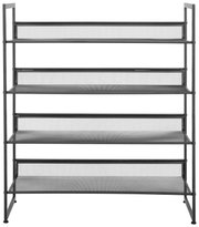 Schwarzes Metallregal mit vier Gitterablagen und schlankem Rahmen, frontal von vorne in gerader Perspektive freigestellt dargestellt