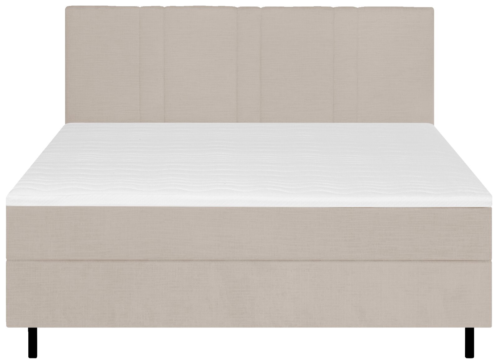Vooraanzicht van een beige gestoffeerd tweepersoonsbed met verticaal gecapitonneerd hoofdbord, witte matras en zwarte poten