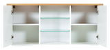 Hängeschrank mit offenen Türen, zwei Glaseinlegeböden in der Mitte, weiße Innenflächen und Holzoberfläche, frontale Ansicht