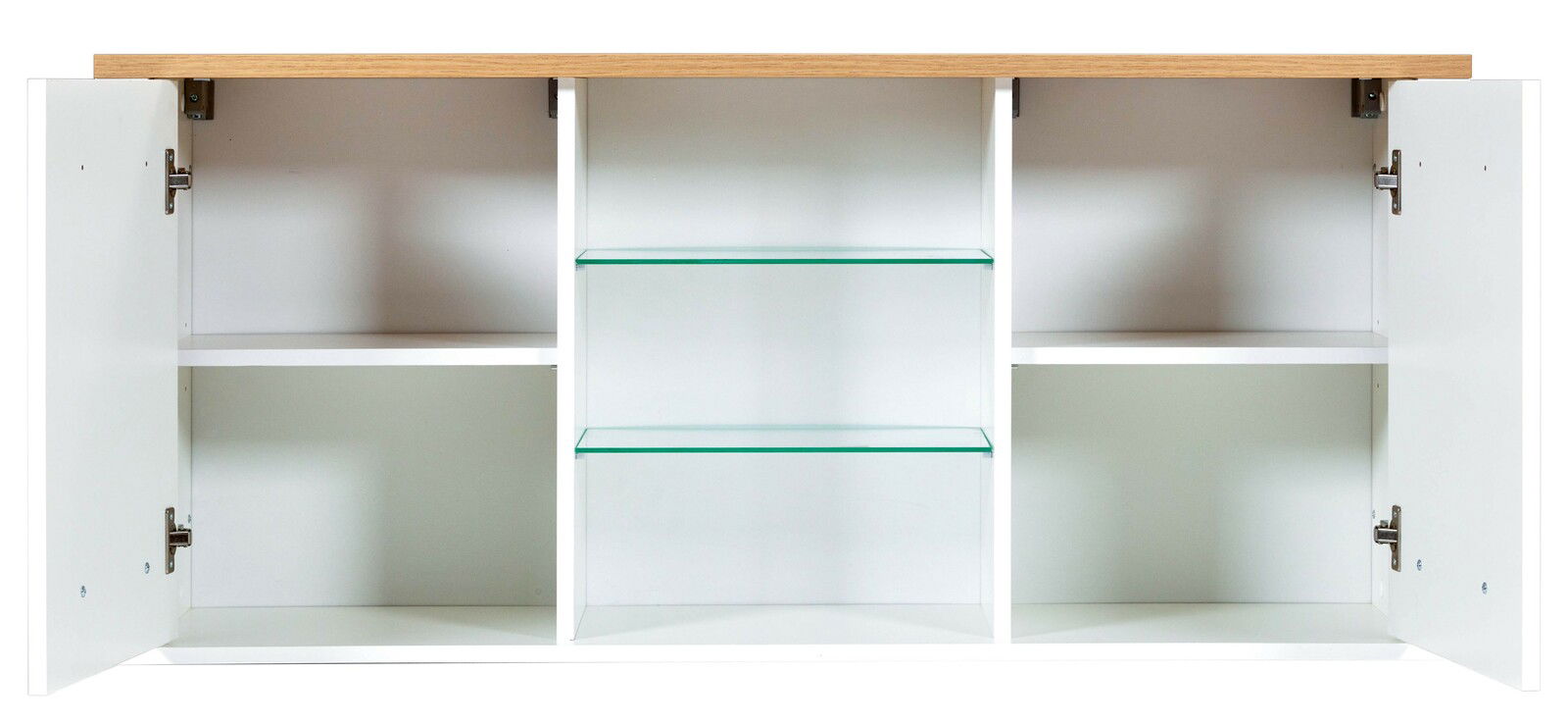Hängeschrank mit offenen Türen, zwei Glaseinlegeböden in der Mitte, weiße Innenflächen und Holzoberfläche, frontale Ansicht