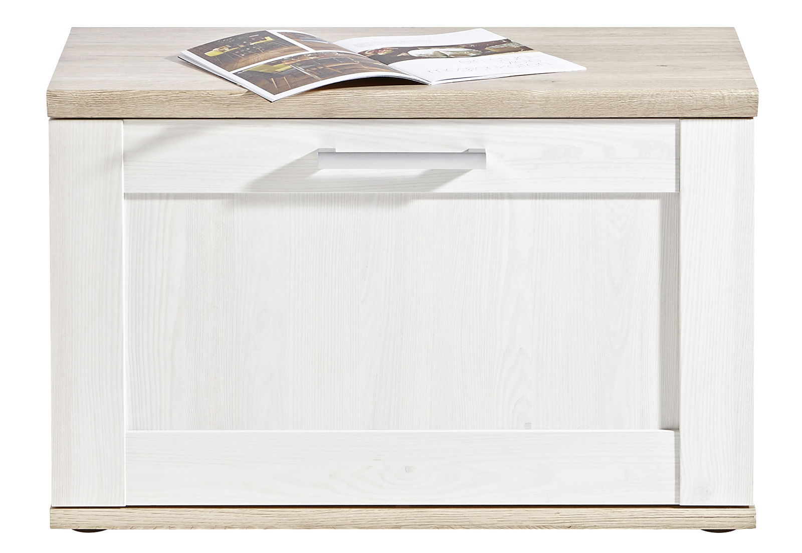 Weiße Bank mit Holzoberfläche, darauf liegt ein geöffnetes Buch, Frontalansicht