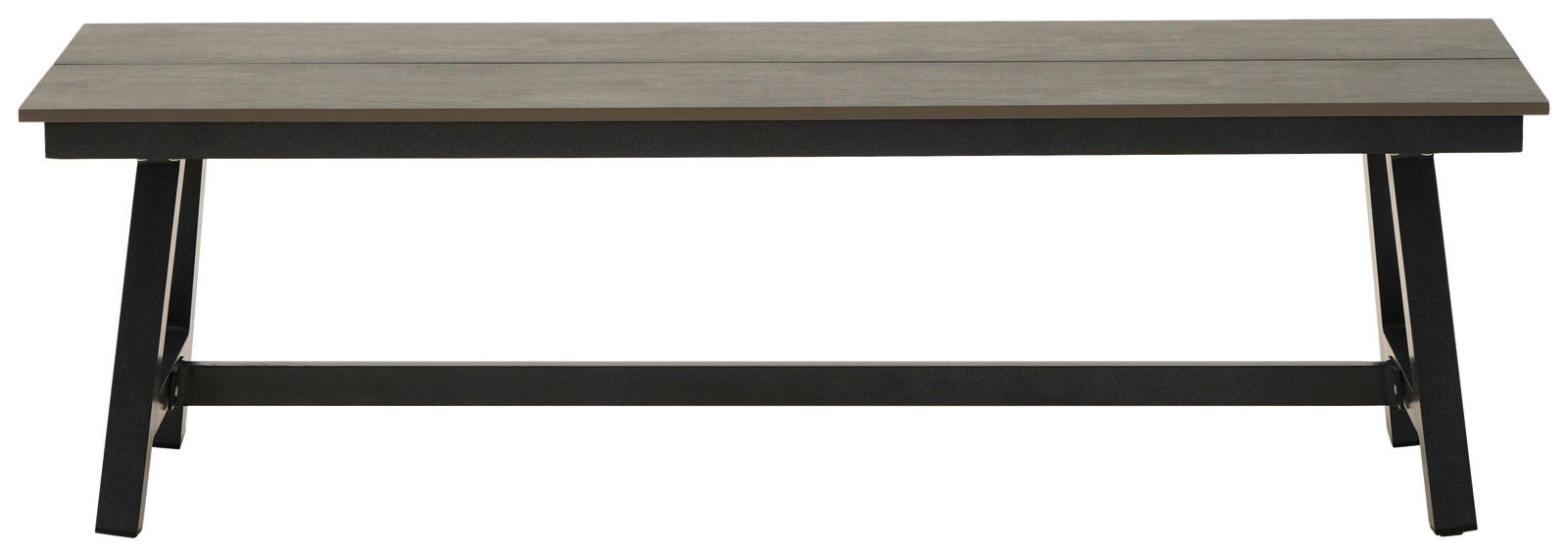 Gartenbank aus Holz und Metall, frontal betrachtet