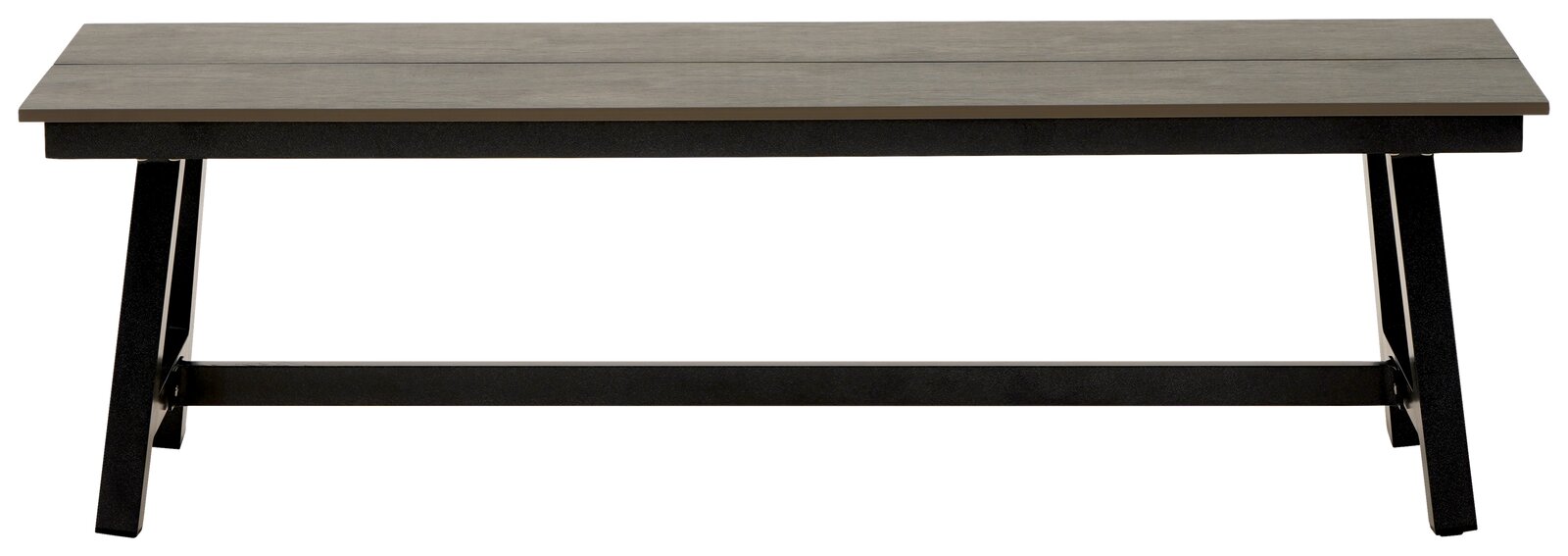 Gartenbank aus Holz und Metall, frontal betrachtet