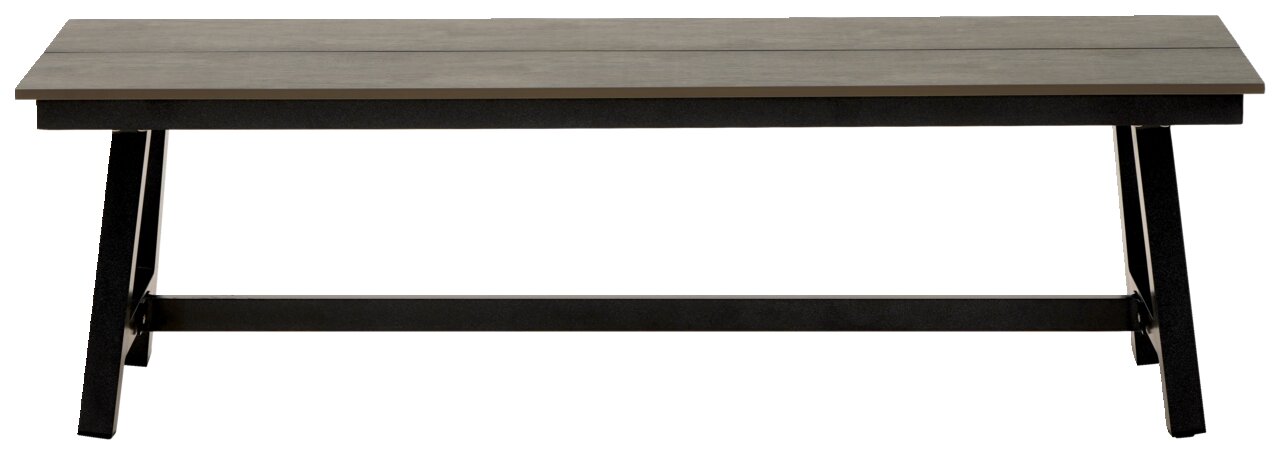 Gartenbank aus Holz und Metall, frontal betrachtet