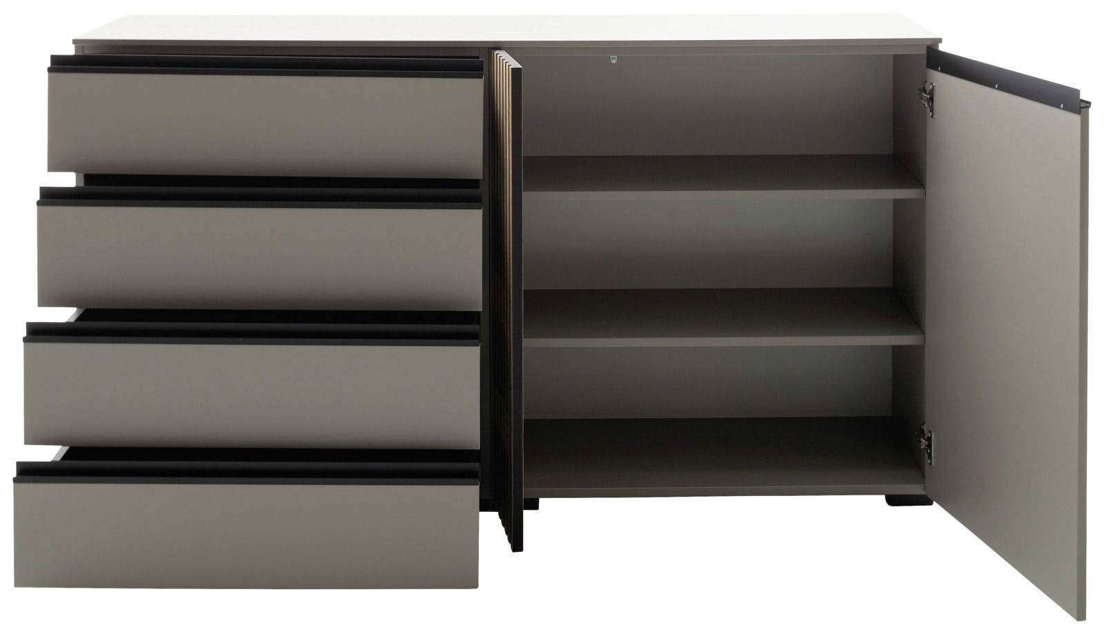 Geöffnetes Sideboard mit drei Schubladen auf der linken Seite und zwei Regalböden hinter einer Tür auf der rechten Seite, Frontalansicht.