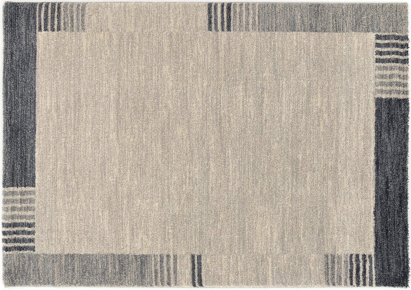 Frisé-Teppich in quadratischer Form mit grauem und beigem Muster, aus der Vogelperspektive fotografiert.
