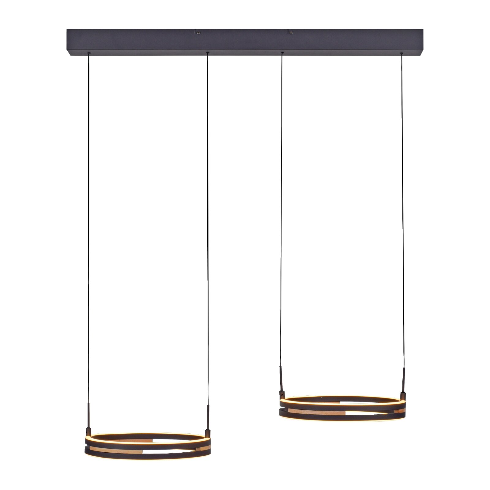 Moderne zwarte hanglamp met twee warmwitte LED-ringen aan een langwerpige plafondbalk, vanuit schuin vooraanzicht