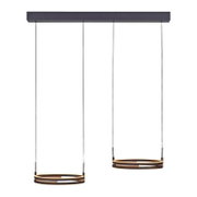 Moderne zwarte hanglamp met twee warmwitte LED-ringen aan een langwerpige plafondbalk, vanuit schuin vooraanzicht