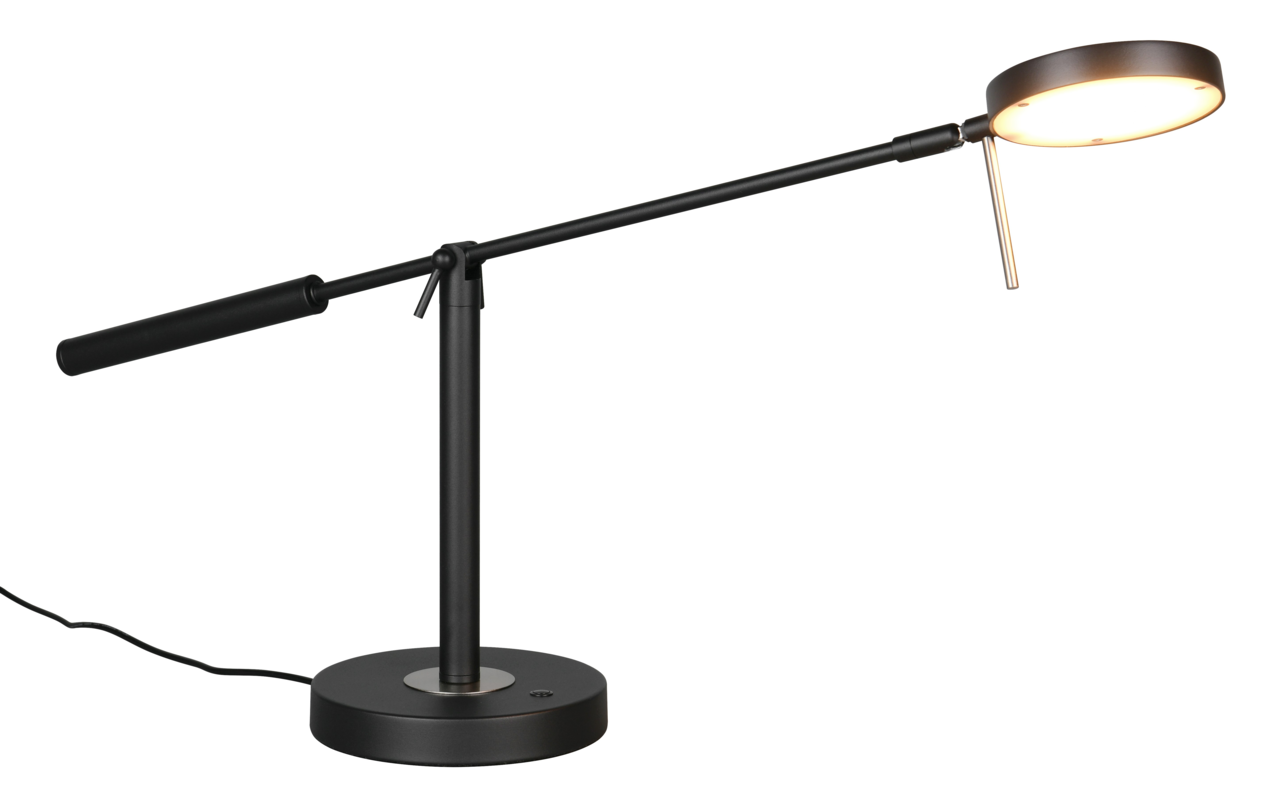 Moderne LED-Schreibtischleuchte in seitlicher Ansicht mit schlankem, schwarzem Design und rundem Leuchtkopf.