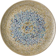 Rond schaalbord met mozaïekpatroon in blauw- en bruintinten, bovenaanzicht
