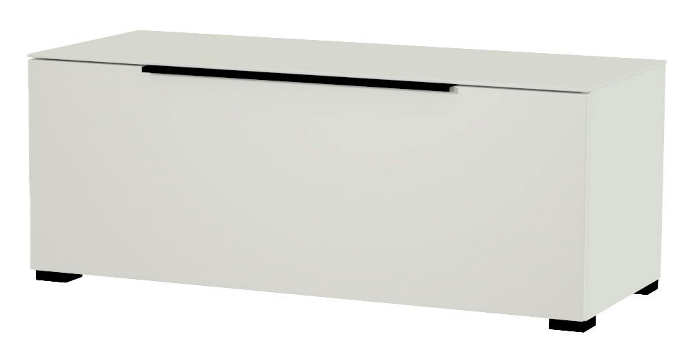 Weißes TV-Lowboard mit schwarzem Griff, frontale Perspektive