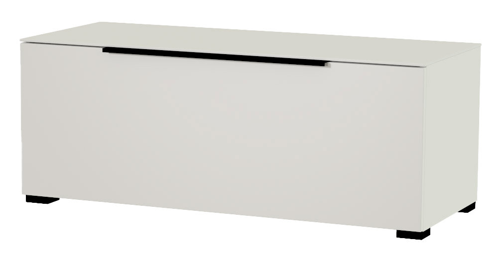 Weißes TV-Lowboard mit schwarzem Griff, frontale Perspektive