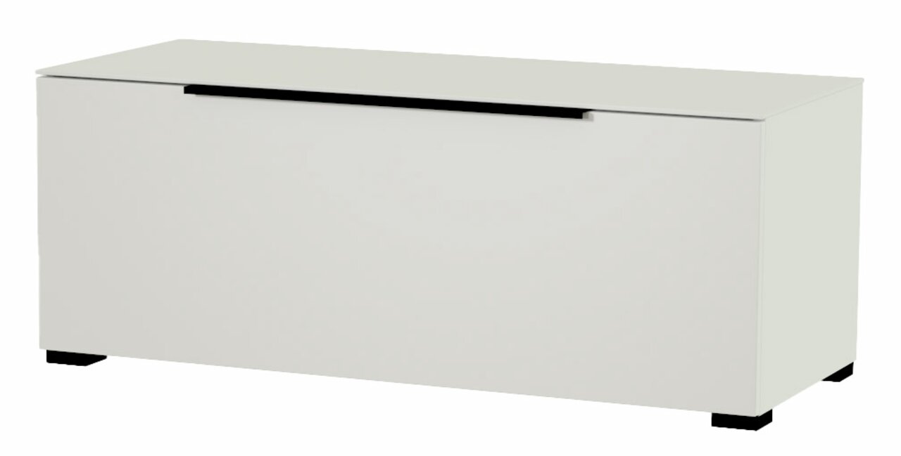 Weißes TV-Lowboard mit schwarzem Griff, frontale Perspektive