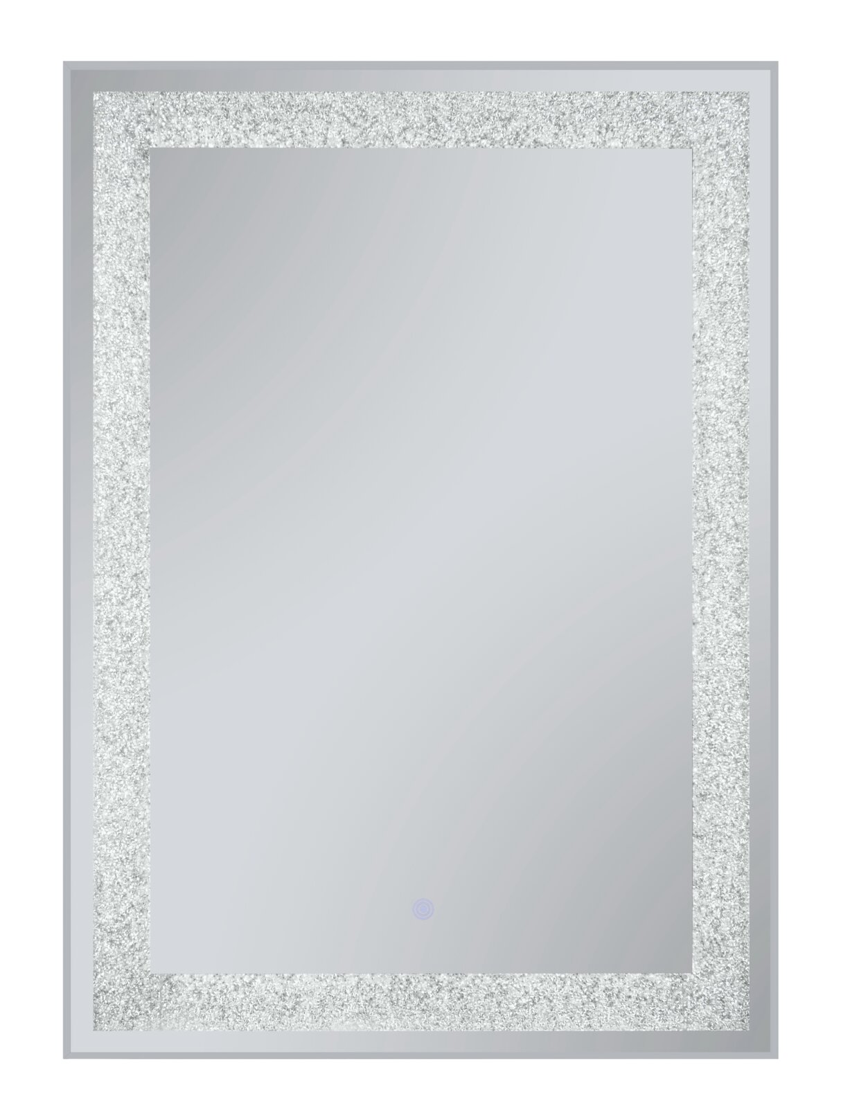 Rechteckiger Wandspiegel mit breitem, glitzerndem silbernen Rahmen und glatter Spiegelfläche, Frontalansicht.