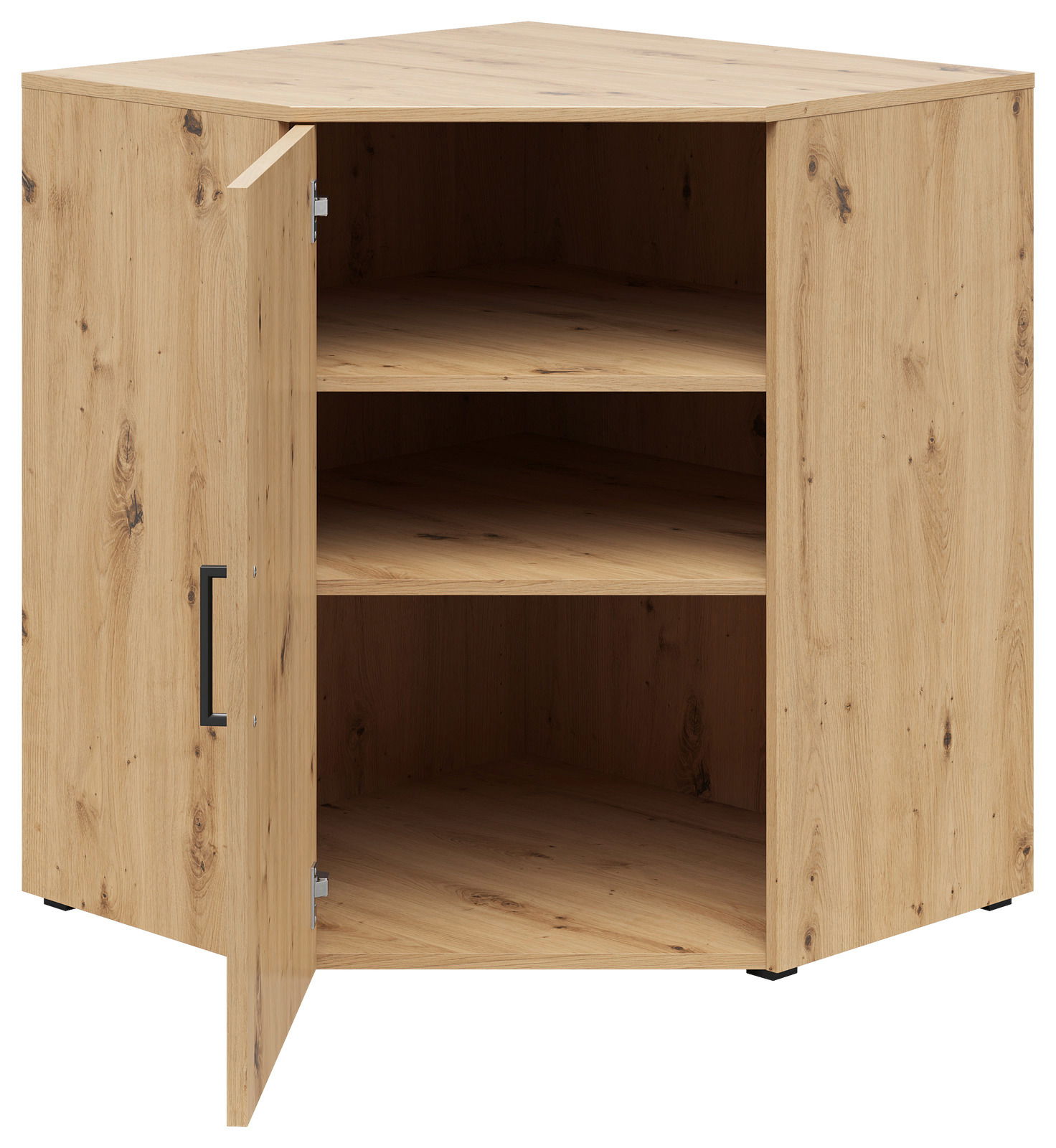 Eckkommode aus Holz mit geöffneter Tür, zeigt zwei Regalböden, Perspektive von vorne.