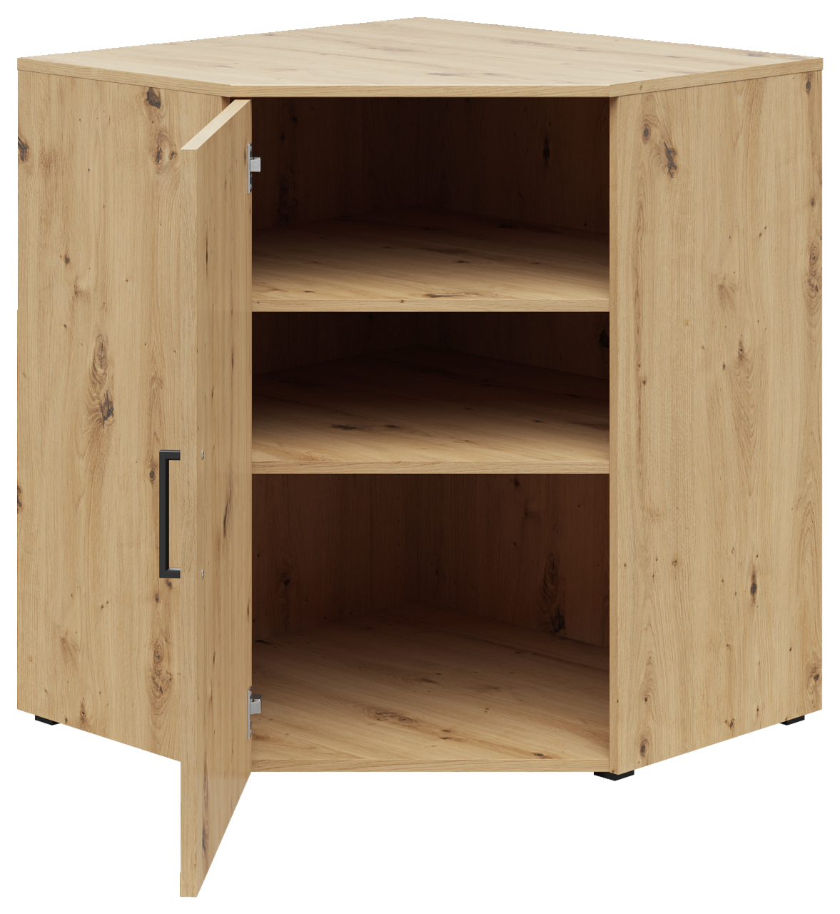 Eckkommode aus Holz mit geöffneter Tür, zeigt zwei Regalböden, Perspektive von vorne.